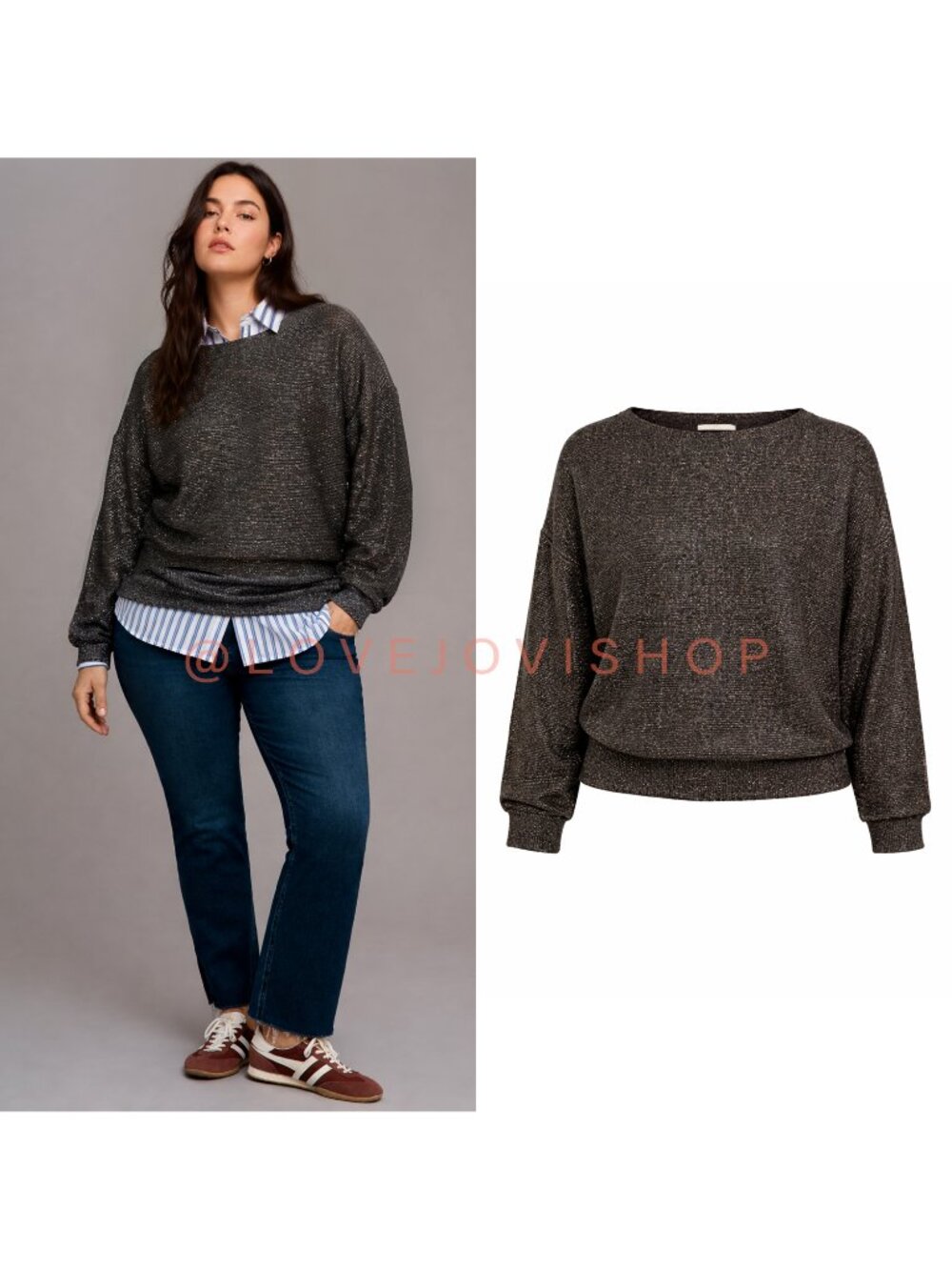 Curvy | Philosophy Boatneck Sweater | Metallic Ribbed Sparkle Statement Sweater
